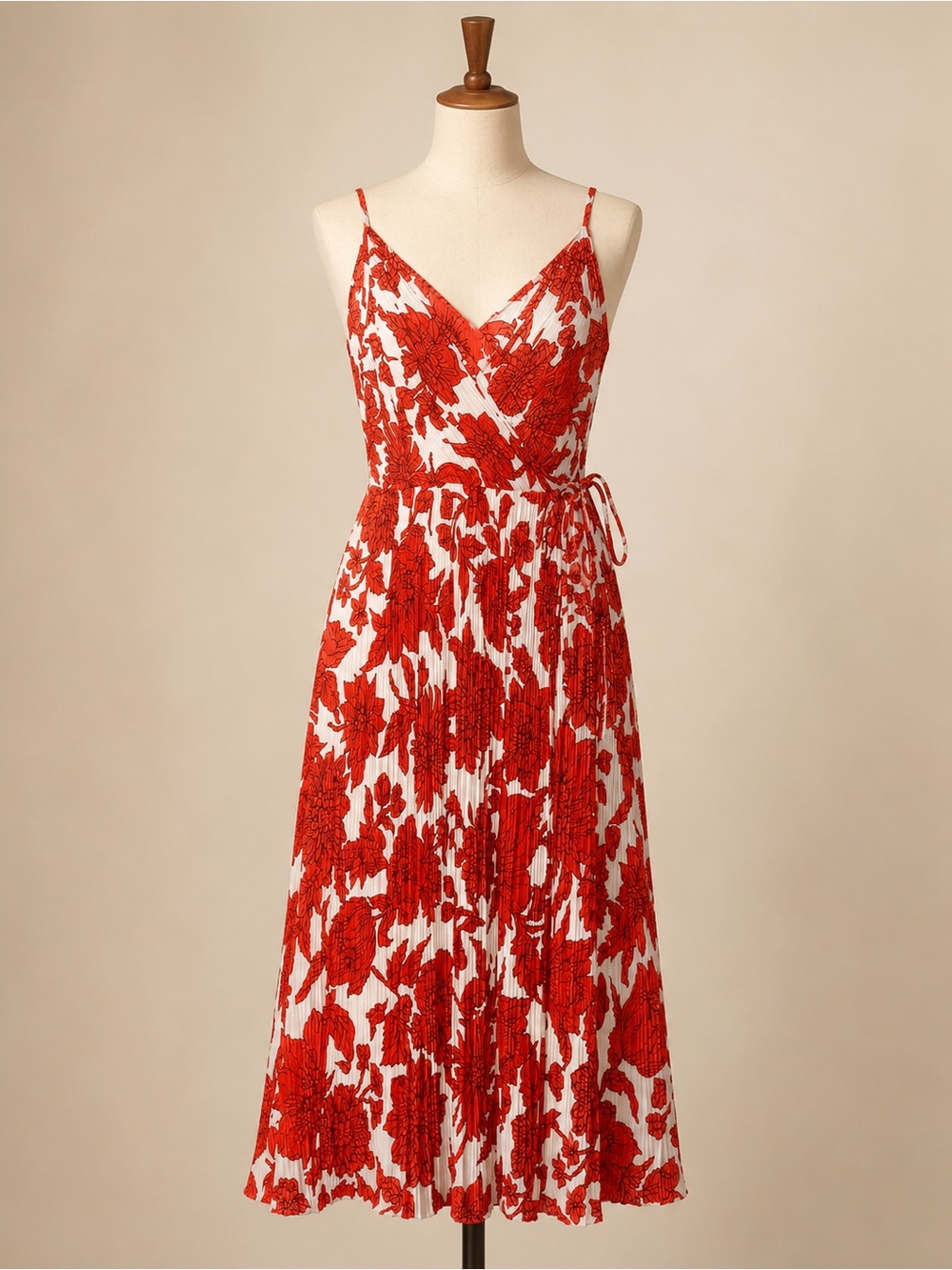 H&M Red Floral Pleated Wrap Midi Dress Size M